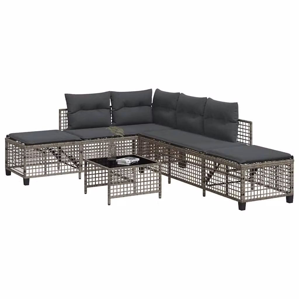 Set da giardino ad angolo vidaXL composto da divano a 3 posti, elemento angolare e tavolino da caffè, colore grigio con cuscini inclusi e struttura in metallo e rattan