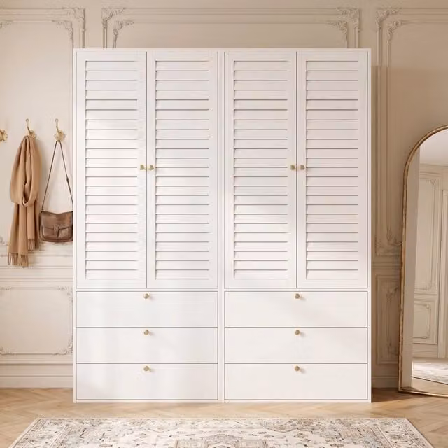 Armadio 4 ante con 6 cassetti e 2 aste appendiabiti; bianco; 180x50x200 cm