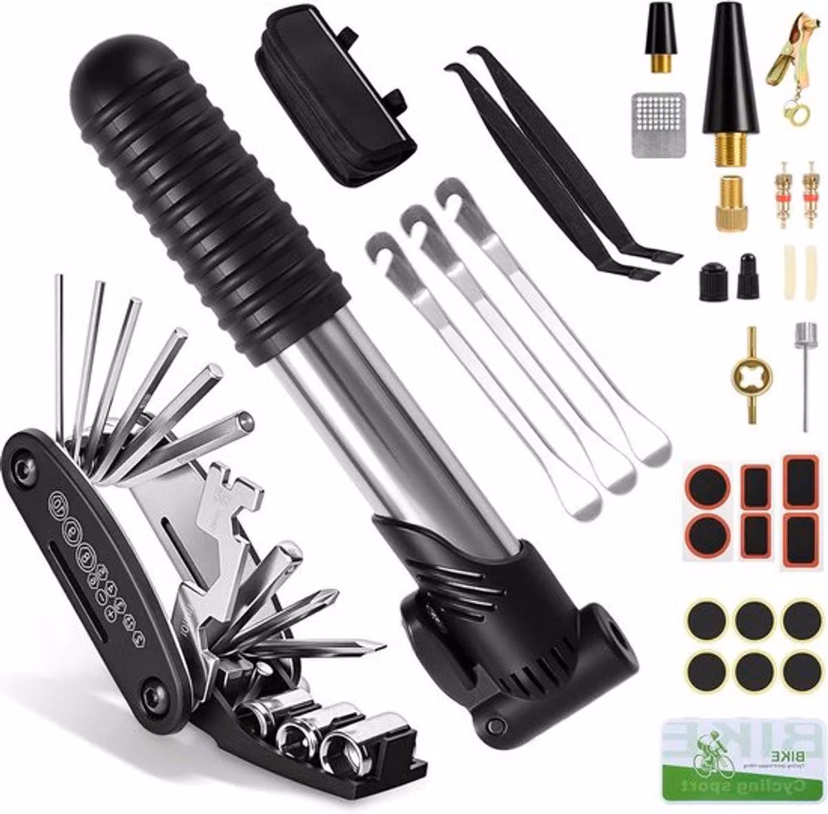 Kit completo per la riparazione di biciclette, composto da 34 pezzi, tra cui una mini pompa per biciclette da 120 PSI e un multitool 16-in-1, ideale per la riparazione di pneumatici forati, particolarmente adatto per mountain bike