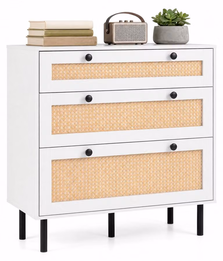 KOMFOTTEU, cassettiera, mobiletto con 3 cassetti e aspetto in rattan, bianco