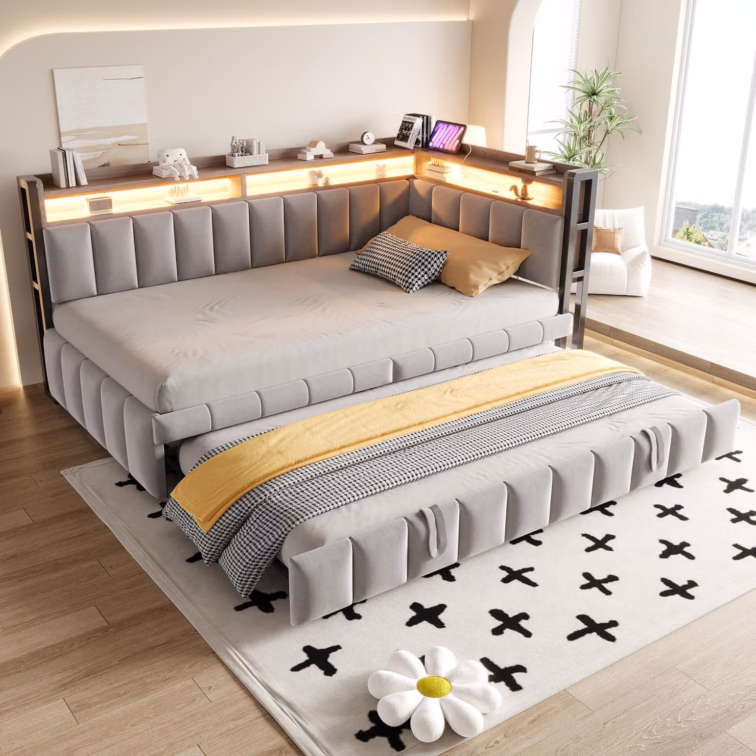 Letto imbottito Flieks 90x200 cm con letto a scomparsa, divano letto con testiera e pediera, divano letto con illuminazione LED e prese USB, colore grigio chiaro, rivestito in velluto e legno