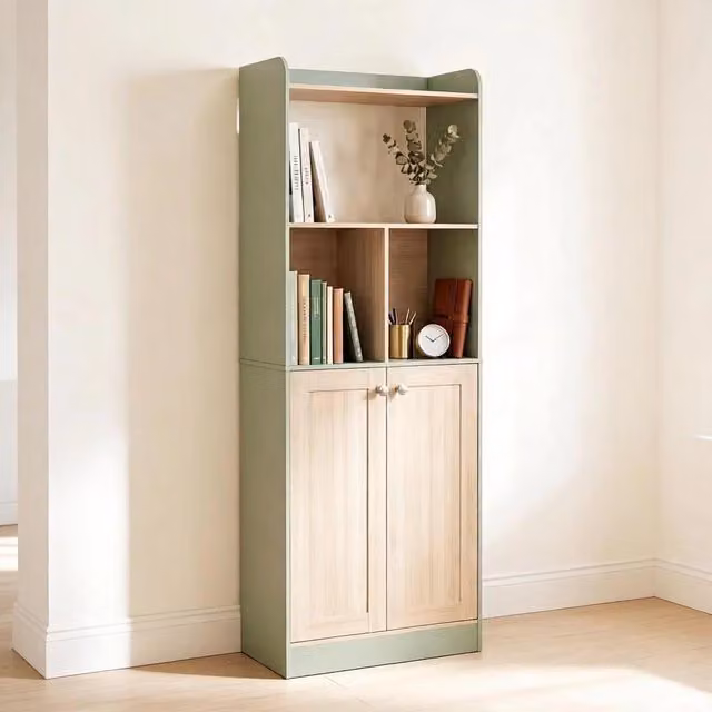Libreria alta Mivray moderna in MDF e pannello truciolare, colore verde e legno, L 60 cm x P 30 cm x H 161.2 cm