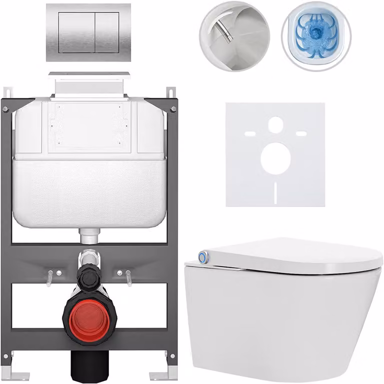 WC sospeso con bidet Cronus Standard - bianco lucido - pulsante Prime/Maxio, argento - azionamento superiore - installazione a parete/con pannello di cartongesso - 59,3 x 38,4 cm