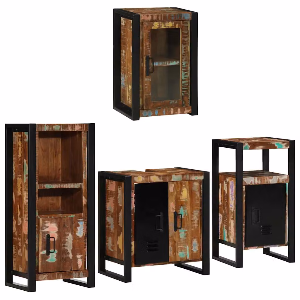 Set di mobili per il bagno moderno vidaXL in legno e metallo nero e multicolore, composto da mobile sottolavabo, colonna alta, pensile e armadietto a specchio, L/P/H: 55 x 35 x 60 cm