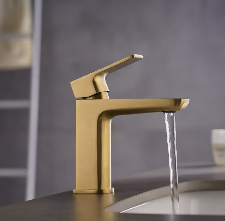Miscelatori monocomando per lavabo con raccoglitore per rifiuti integrato, finitura oro spazzolato
