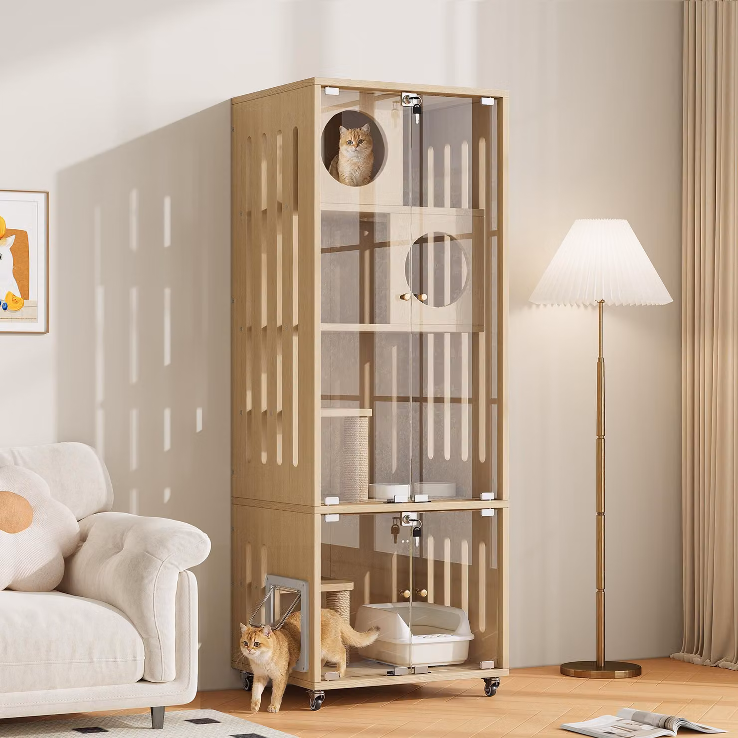 Alberi per gatti con palo da graffio in sisal, villetta per gatti con porta in vetro e serratura, trasportino per gatti mobile, dimensioni 60x50x156 cm, colore naturale