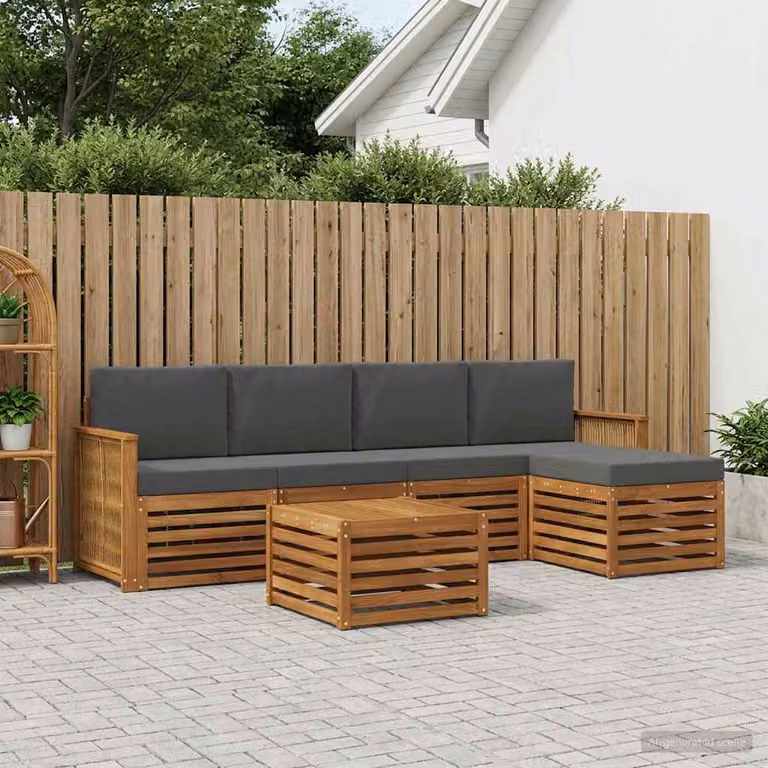 vidaXL Set di divani da esterno a L in legno di acacia con tavolino e pouf, 6 pezzi, Beige e Antracite