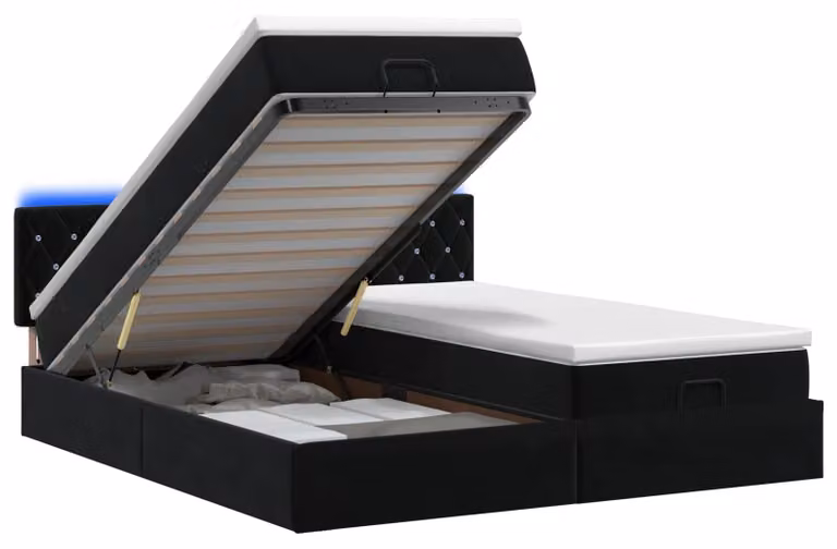 Letto ottomano con materasso e luci LED, nero, in velluto, 180 x 200 cm
