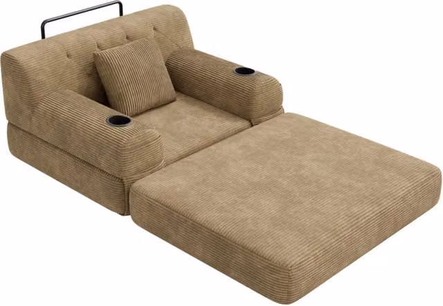 Divano Letto 1 Posto in Corduroy Compatto con Schienale Alto, Struttura in Metallo, Portabicchieri e 4 Tasche Laterali, Colore Kaki