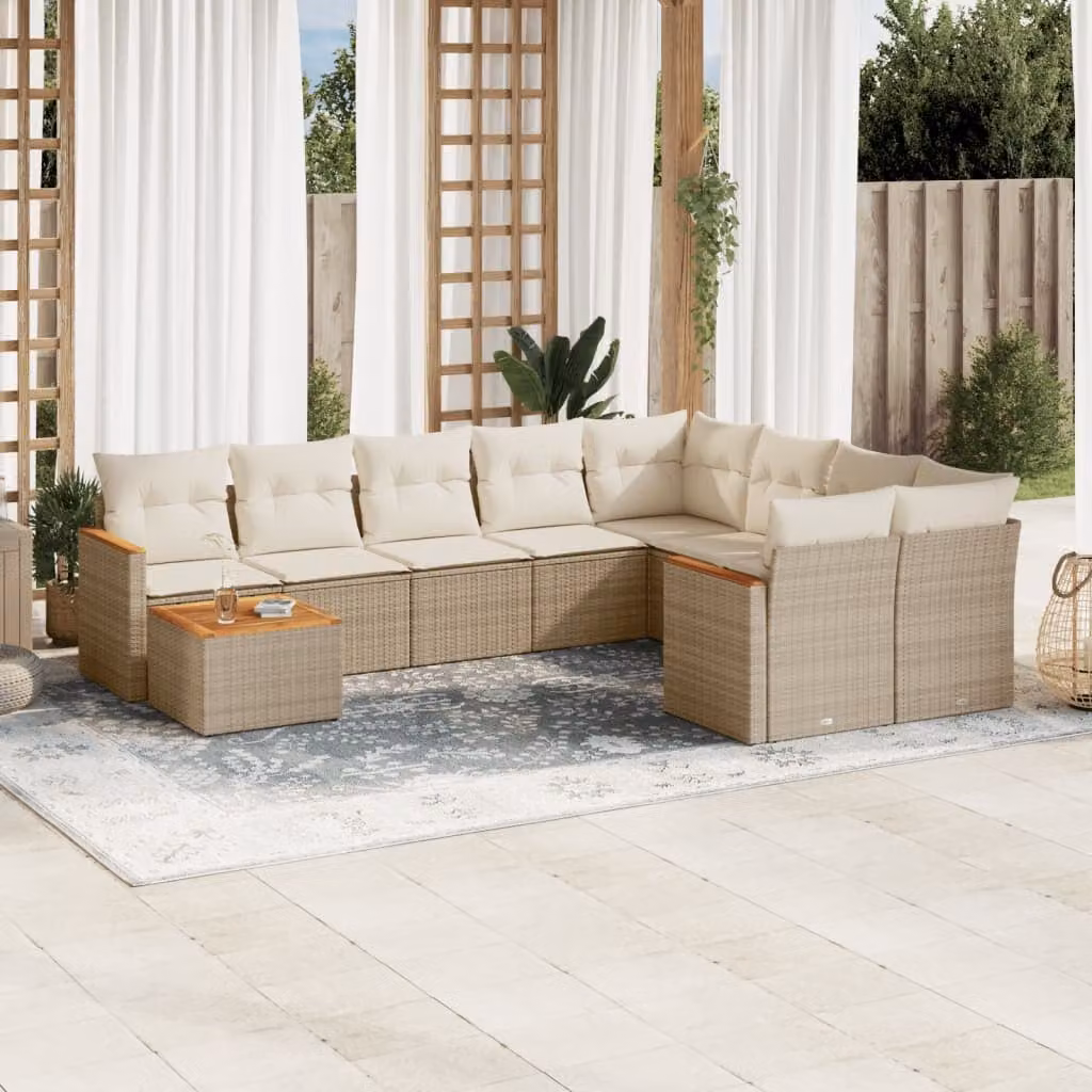 Set Divano da Giardino vidaXL 10 pz con Cuscini Beige e Tavolino in Polyrattan e Acciaio – 1