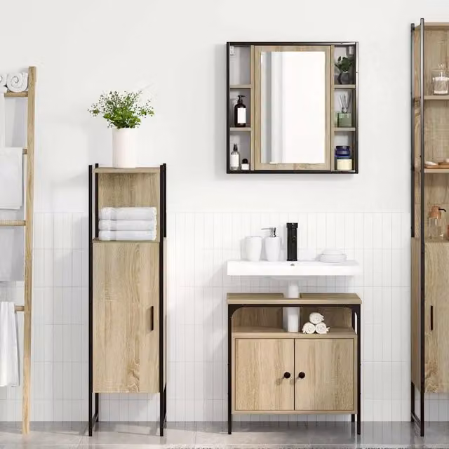 Set di mobili per il bagno moderno vidaXL composto da 3 pezzi in colore marrone con armadietto a specchio, mobile lavabo e colonna alta, L/P/H: 33 x 33 x 120,5 cm
