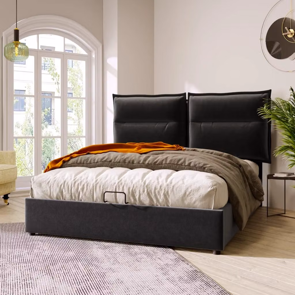 Letto Matrimoniale Contenitore Chicfurn con Testiera Regolabile in Velluto Nero L/P/H: 140 x 200 x 113 cm – 2
