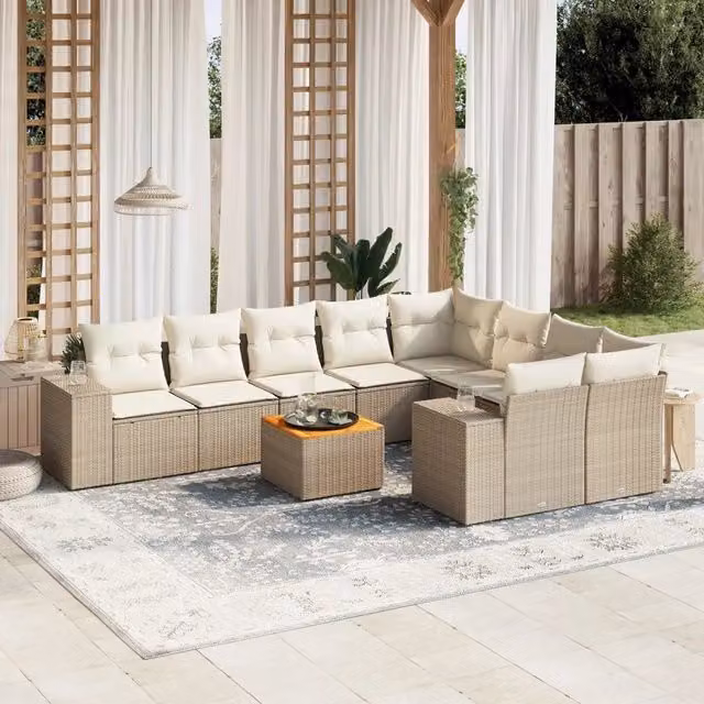 Set Divano da Giardino VIDAXL a L in Polyrattan con 10 Cuscini Beige Moderno
