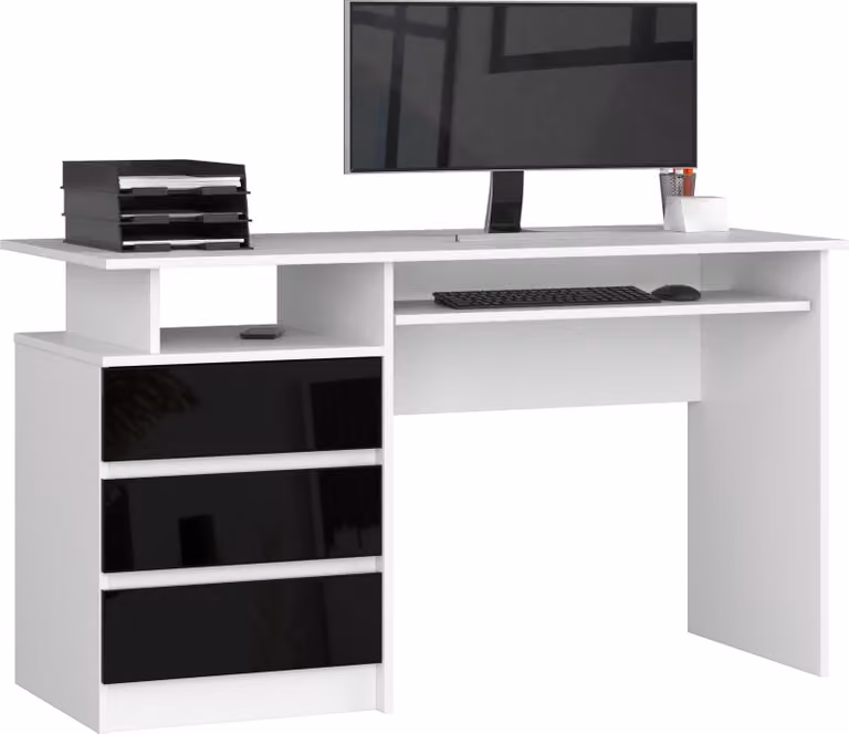 Scrivania Moderna 135 cm Bianca e Nera Lucida con Tre Cassetti e Ripiano Tastiera Estraibile