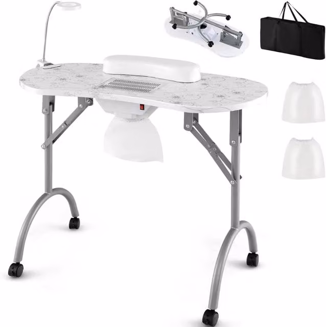 Tavolo manicure pieghevole DESIGN IN con aspiratore e luce LED regolabile, bianco