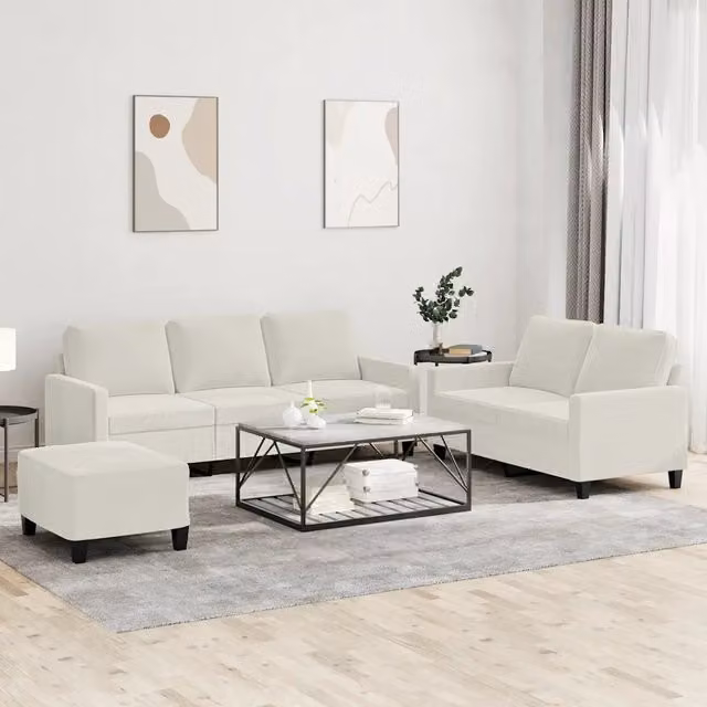 Set di divani moderno vidaXL in velluto beige composto da divano a 3 posti, divano a 2 posti e pouf con cuscini inclusi