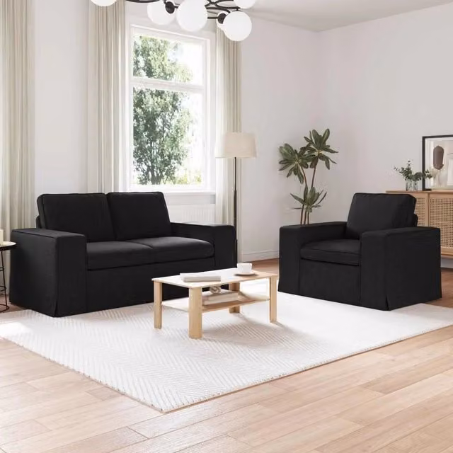 Set di 2 divani ad angolo vidaXL in tessuto nero con struttura in metallo e coperture rimovibili per soggiorno o camera da letto – 1