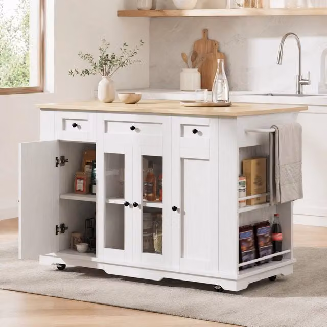 Isola da cucina ULEVR 151,5x60/85x91,7 cm con piano pieghevole, ripiani laterali e divisori regolabili