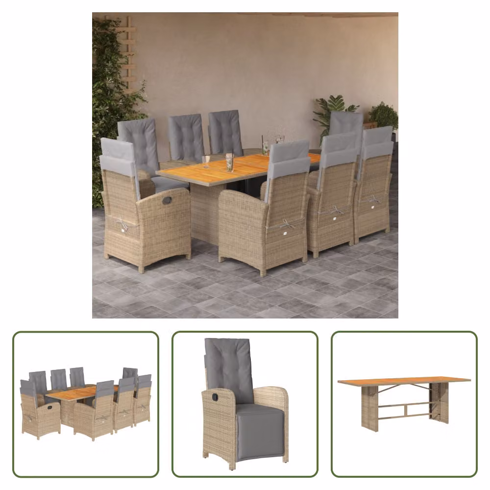 The Living Store Set da pranzo da giardino 9 pezzi con cuscini Beige poly rattan