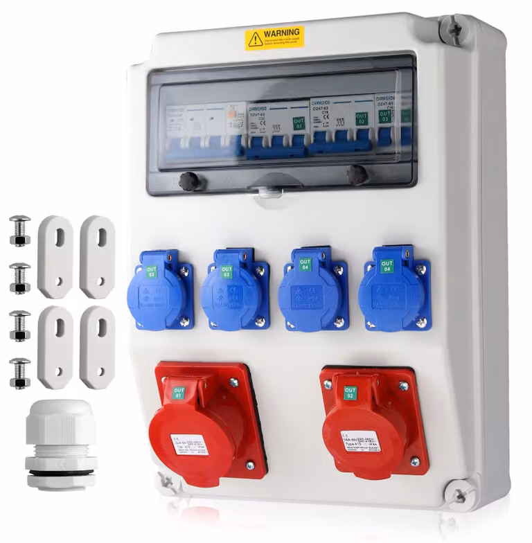 Distributore di corrente per cantieri, scatola esterna con prese da 4x 230V, 1 presa da 16A e 1 presa da 32A, con protezione da sovraccarico e differenziale