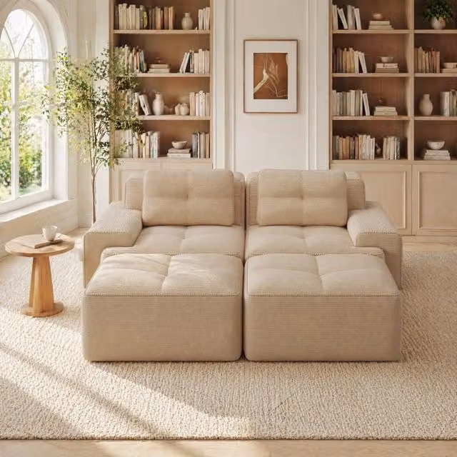 Divano modulare in velluto a coste beige con seduta profonda 74 cm HOMVRA