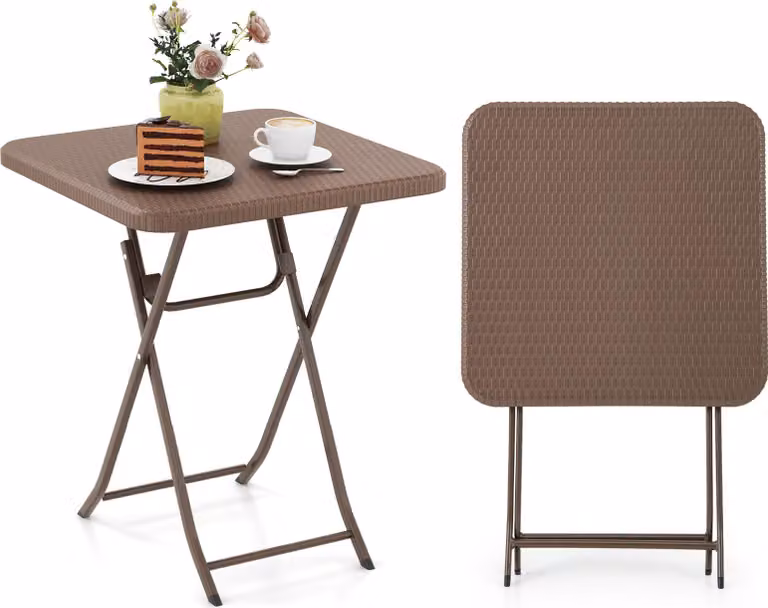 Tavolo da picnic pieghevole con struttura in rattan, tavolo da terrazza quadrato per 4 persone con piano in HDPE e struttura in metallo, marrone