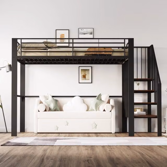Letto a soppalco 140x200 cm in metallo con spazio contenitore e scala integrata; nero e bianco