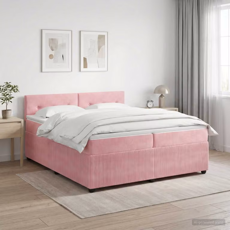 Letto box spring con materasso ibrido vidaXL in velluto rosa e bianco L/P: 200 x 200 cm