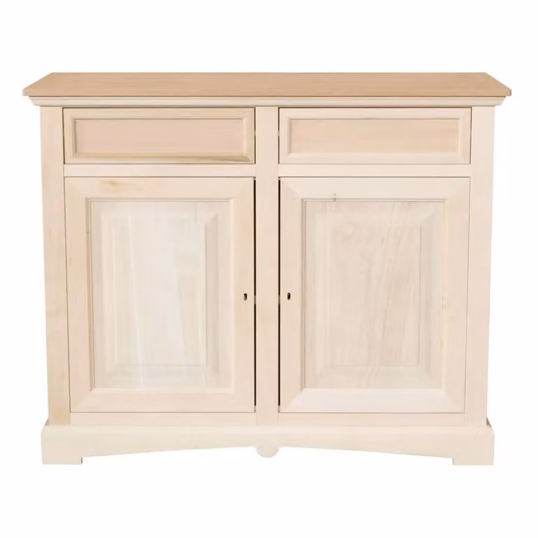 Credenza in legno di pino grezzo Mobili 2G con 2 porte e 2 cassetti L: 117 cm, P: 46 cm, H: 96 cm