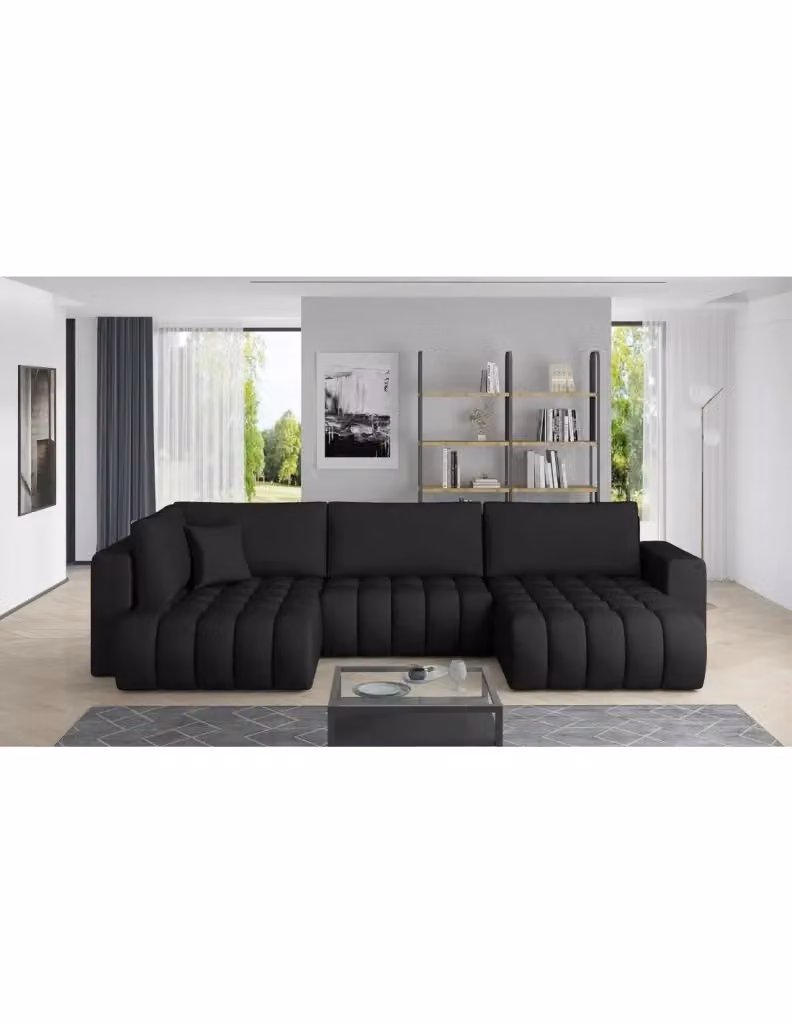 Divano ad angolo BONITA MEUBLORAMA convertibile 6 posti nero in tessuto con funzione letto, lato destro, L 350 cm x P 175 cm – 2