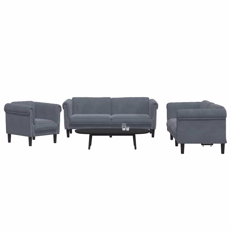 Set di divani 3 pezzi vidaXL in velluto grigio con struttura in legno massiccio e cuscini inclusi