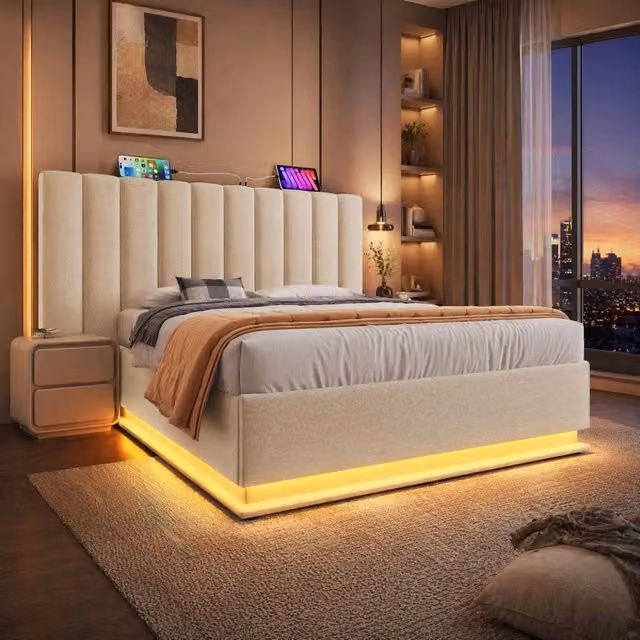 Letto matrimoniale 160x200 cm con contenitore, illuminazione LED controllata via app e ricarica USB-C, struttura in lino beige con rete a doghe, senza materasso e comodino