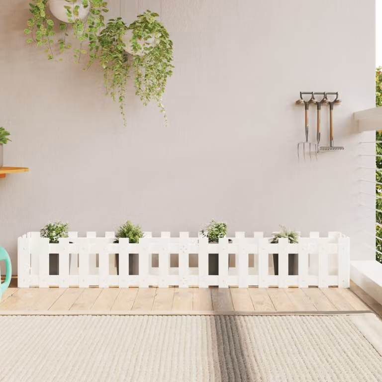 Fioriera da giardino a recinzione vidaXL in legno di pino massello, colore bianco, L 200 x P 30 x H 30 cm