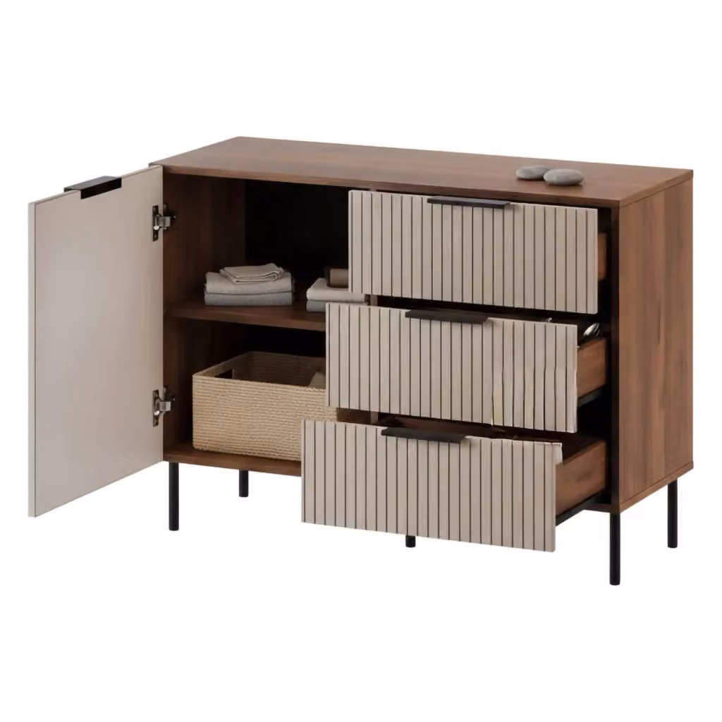 Madia da salotto DMORA Grado con anta battente e tre cassetti, Noce e Beige, L 104 x P 42 x H 75 cm – 2