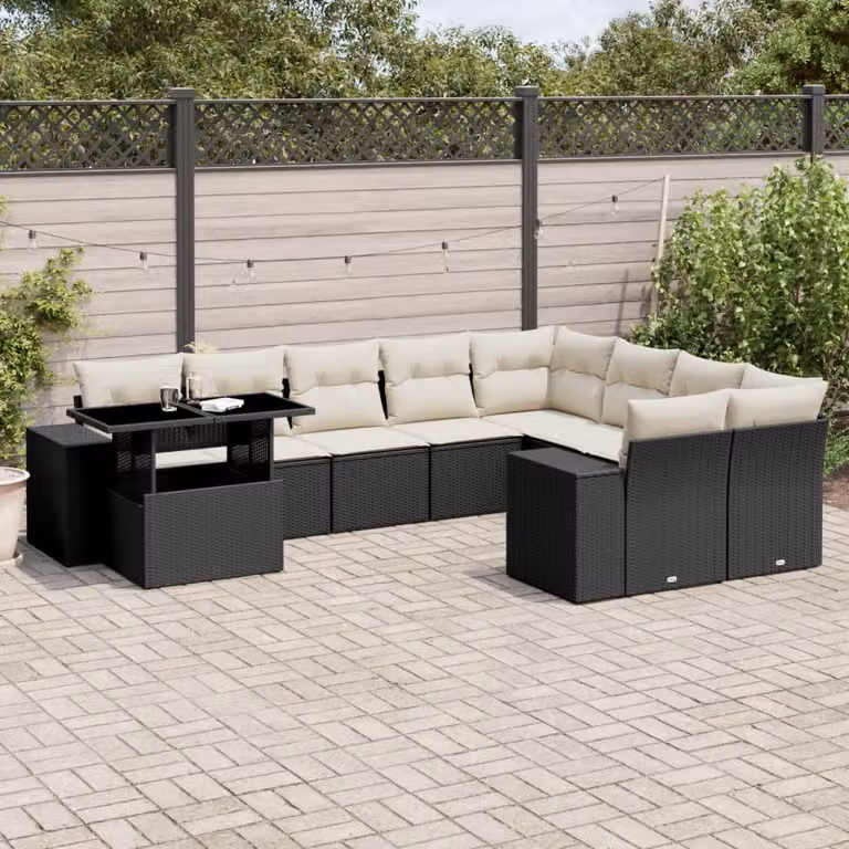 vidaXL Set Divani da Giardino 10 Pezzi in Polyrattan Nero con Cuscini e Tavolino da Esterno