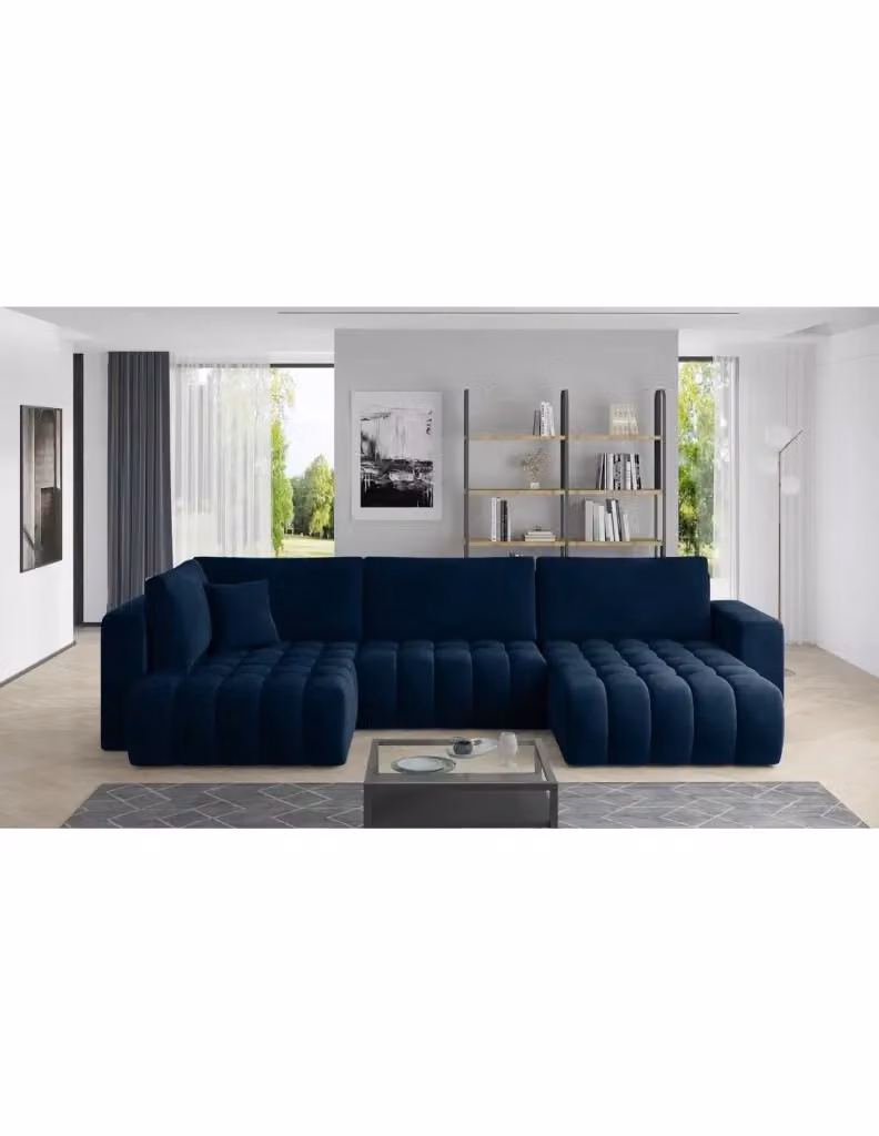 Divano ad angolo BONITA MEUBLORAMA convertibile 6 posti blu notte effetto velluto con funzione letto e poggiatesta regolabile, lato destro, L/P/H: 350 x 175 x 92 cm – 2