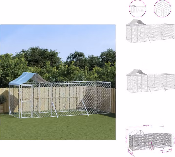 vidaXL Cuccia per cani da esterno con tetto argentato 6x2x2,5 m in acciaio zincato - Cucce e recinti per cani