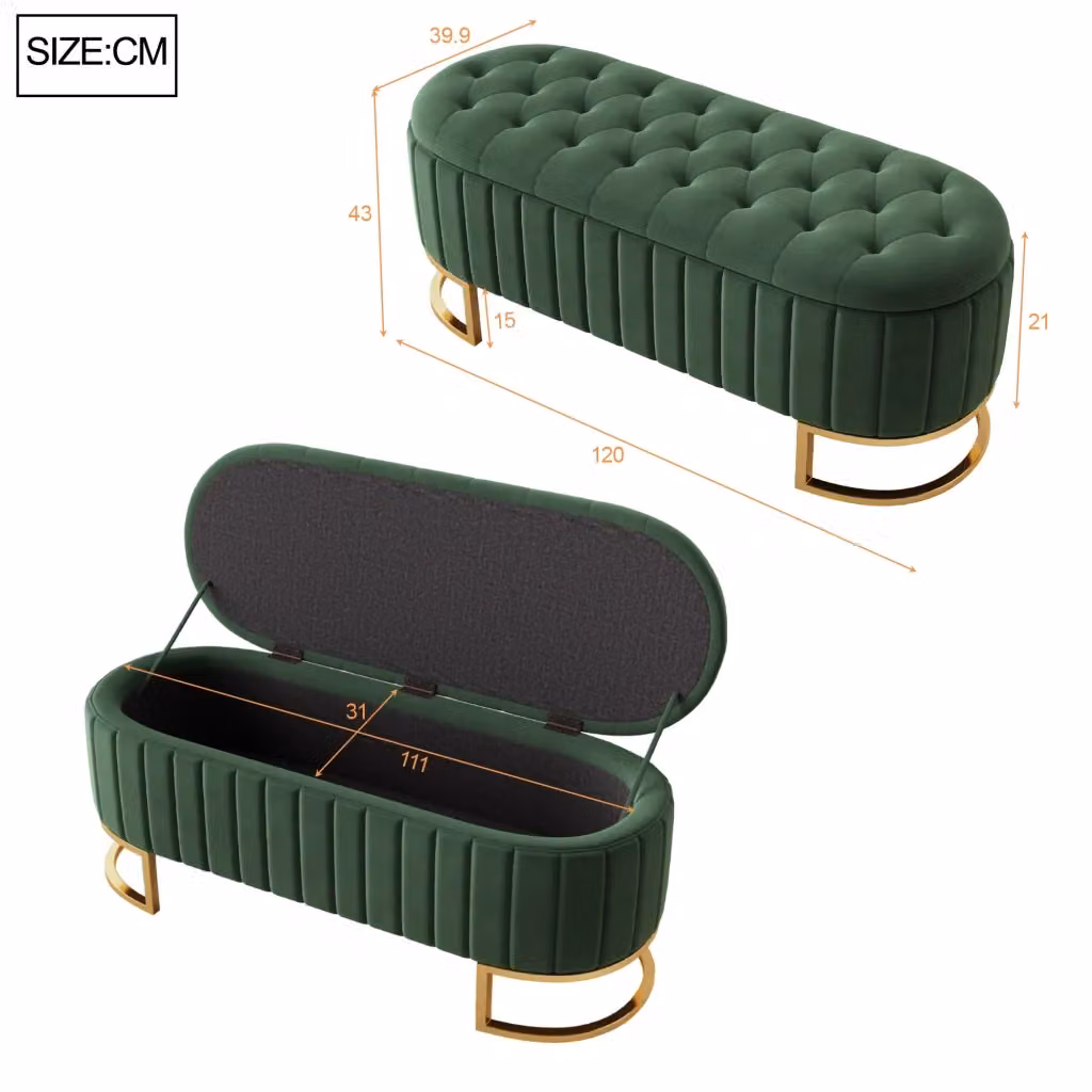 Pouf Contenitore Rettangolare REDOM in Velluto Verde con Gambe in Metallo L: 120 cm, P: 40 cm, H: 40 cm – 2