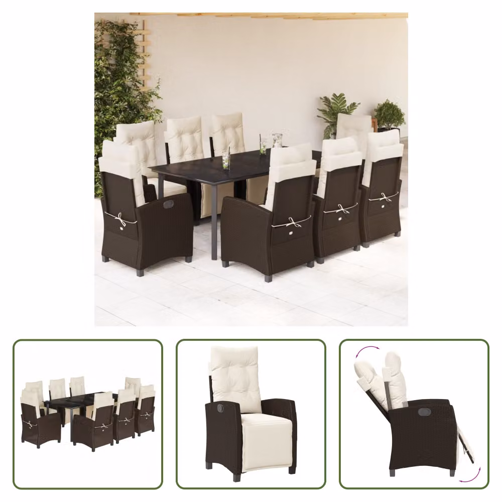 The Living Store Set da pranzo da giardino 9 pezzi con cuscini in polirattan marrone
