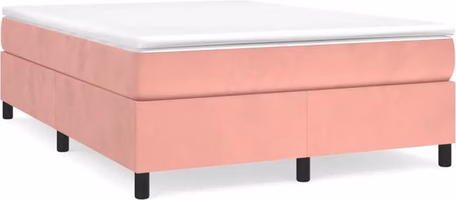 Letto matrimoniale moderno in velluto rosa con struttura imbottita e rete a doghe curvate L: 140 cm, P: 200 cm, H: 35 cm – 1
