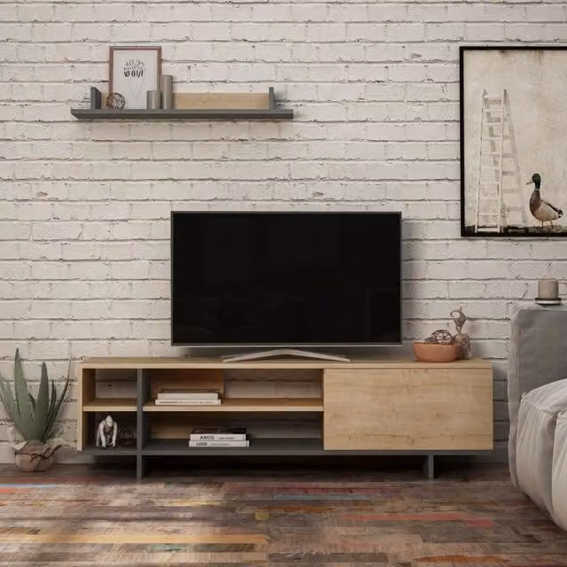 Mobile porta TV Stockton moderno con mensola a muro in legno, colore rovere e antracite, L: 160,0 cm, P: 35,5 cm, H: 44,0 cm