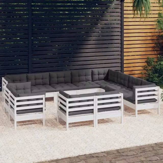Set di divani da giardino moderno vidaXL in legno di pino con cuscini bianchi e antracite – 1
