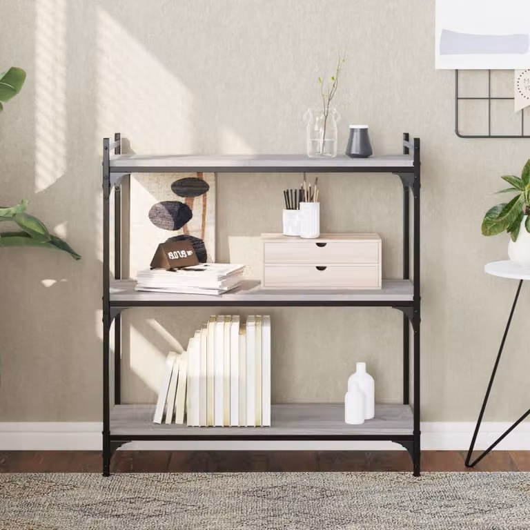 Libreria a 3 Ripiani vidaXL in Stile Industrial Grigio con Legno e Metallo L: 80 cm, P: 30 cm, H: 86 cm