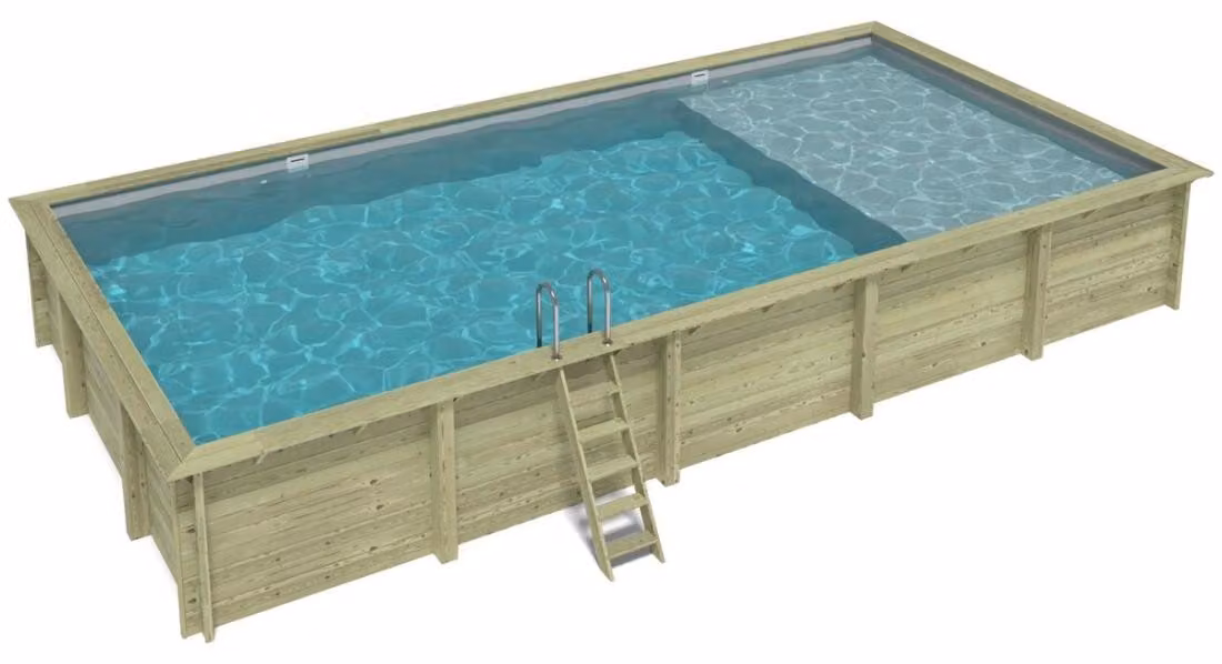 Piscina in legno AQUA 10.2 x 5.2 – H.1.45 m con spiaggia, grigio, Su telaio - senza cementazione