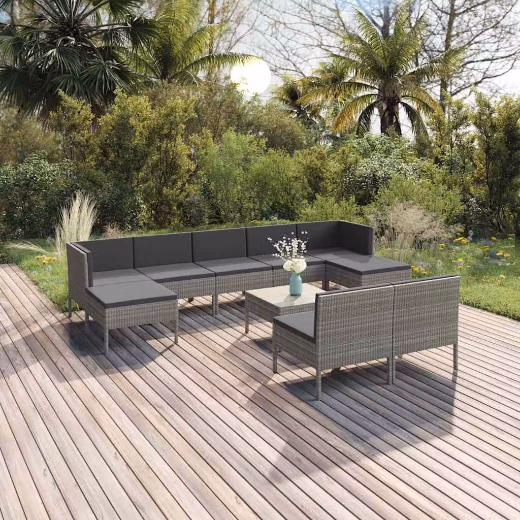 Set Divani da Giardino vidaXL 10 Pezzi con Cuscini e Tavolino, Design Moderno a Forma di U in Polyrattan Grigio Antracite con Struttura in Acciaio