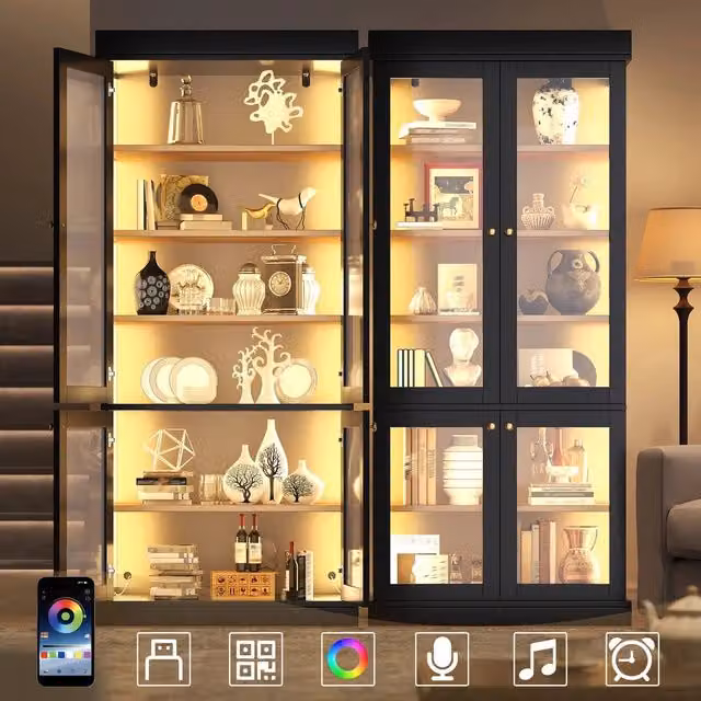 Armadio alto con LED e vetrina ¨C Minimal ¨C nero, multiuso per casa, struttura in legno robusta
