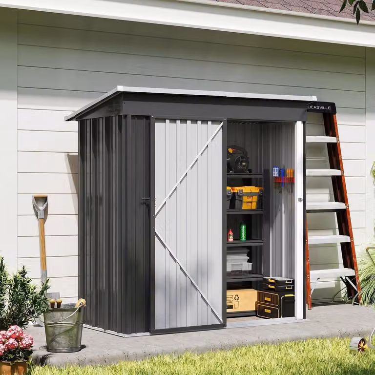 Edificio tecnico in metallo con tetto a falda, dimensioni 162x86x182 cm, colore nero