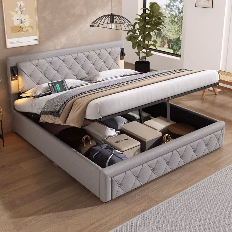 Letto imbottito idraulico Flieks 180x200cm con USB e Type-C, letto a molle insacchettate letto matrimoniale con luce, letto contenitore letto in legno letto per ragazzi, biancheria, grigio