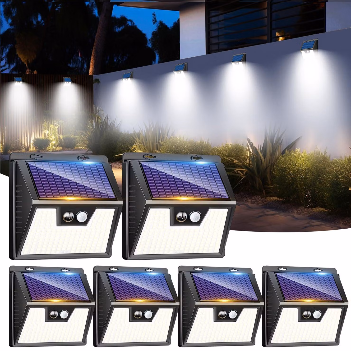 Set di 6 luci solari per esterni, 176 LED, grado di protezione IP65, sensore di movimento, luce bianca fredda