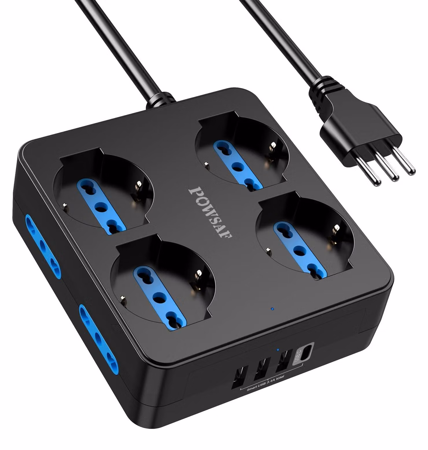Presa multipla POWSAF con 4 prese quadrate e una barra di alimentazione con 4 porte USB